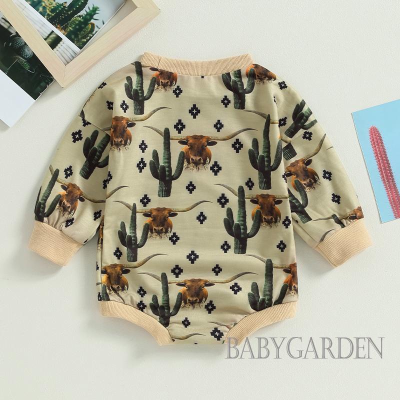 Áo Liền Quần Dài Tay In Hình Đầu Bò Dễ Thương Cho Bé Trai 0-18 Tháng Tuổi