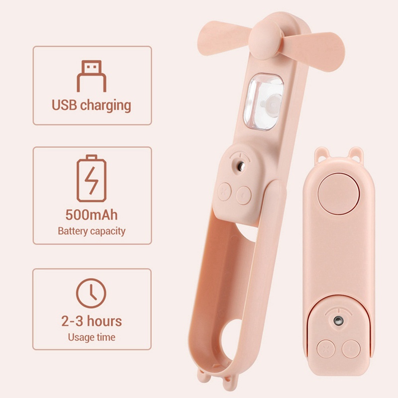 Quạt Phun Sương Mini Cầm Tay Màu Hồng Có Thể Sạc Lại Dùng Khi Đi Du Lịch
