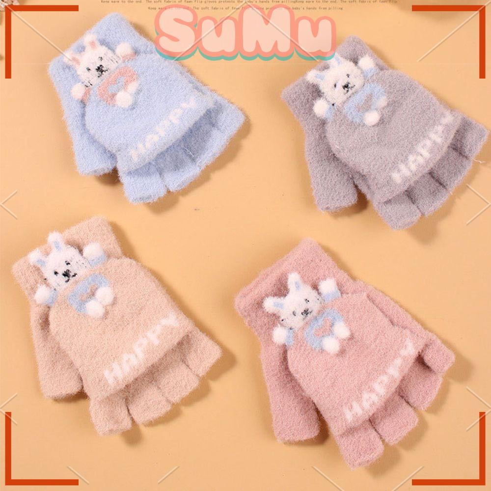 SUMU Găng Tay Len Hở Ngón Giữ Ấm Họa Tiết Hoạt Hình Dễ Thương Cho Bé