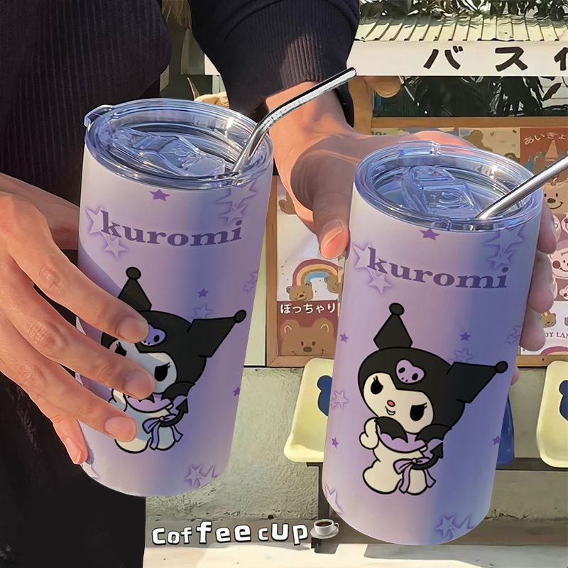 Bình Nước Giữ Nhiệt Kuromi Sanrio Bằng Inox Có Ống Hút Tiện Dụng