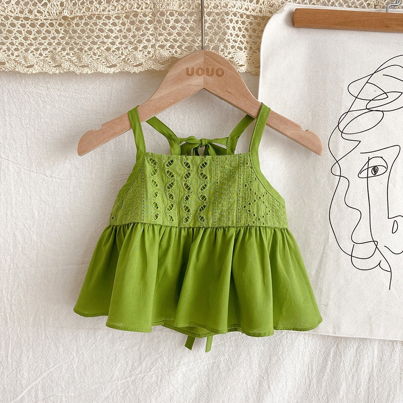 Bộ Áo Hai Dây + Quần Sooc Màu Xanh Lá Phong Cách Phương Tây Thời Trang Mùa Hè Xinh Xắn Cho Bé Gái