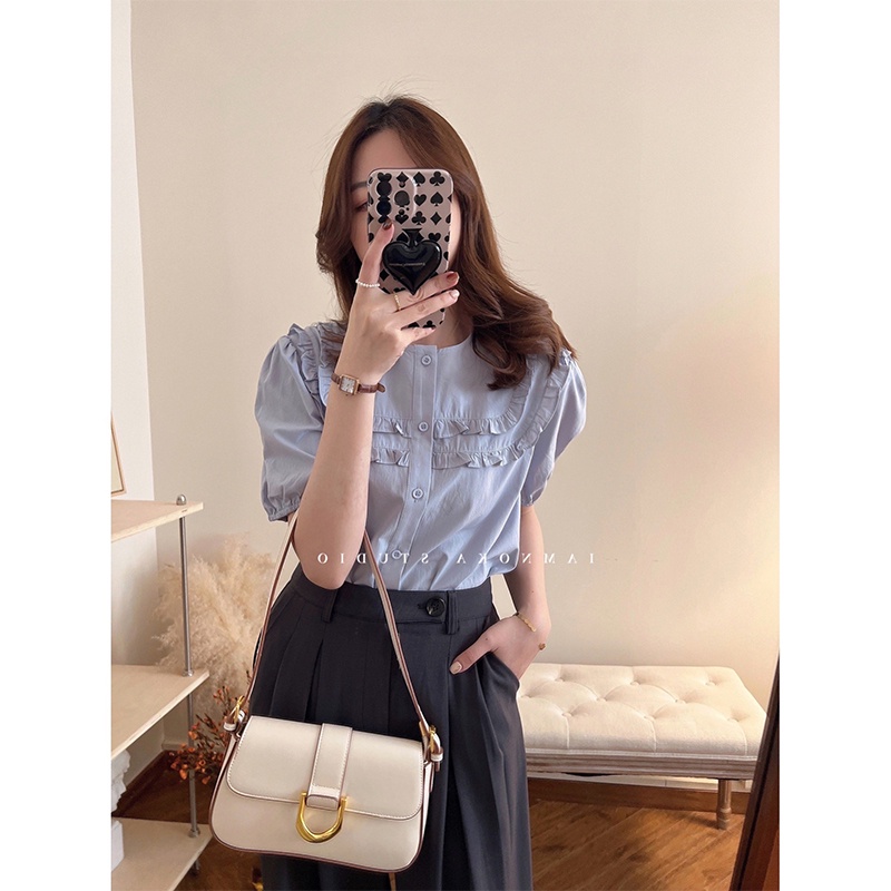 SUXI Áo Kiểu Tay Phồng Ngắn Màu Sắc Đơn Giản Thời Trang Mùa Hè Cho Nữ