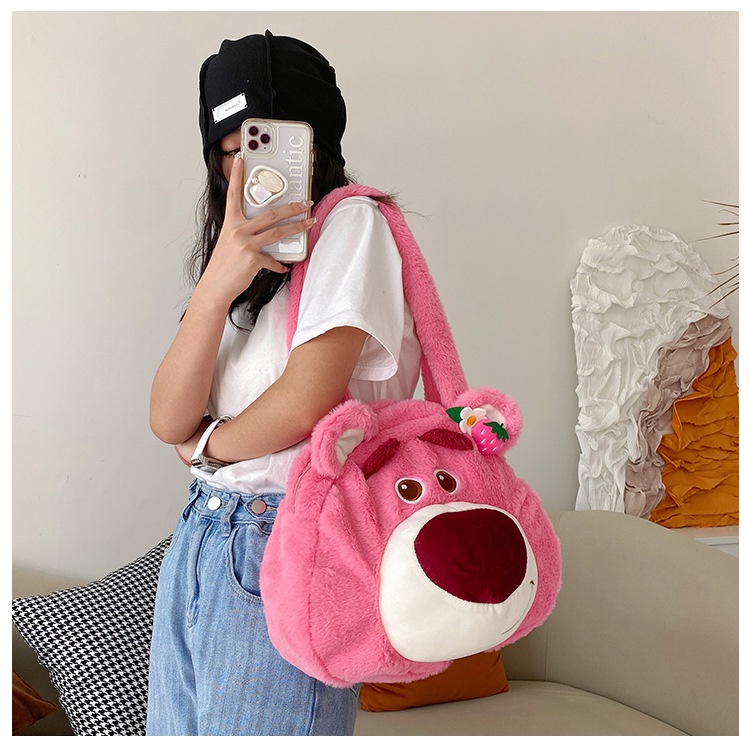 Túi Xách Cỡ Lớn Hình Gấu / Dâu Tây Bằng Lông Nhung Dễ Thương Xinh Xắn Thời Trang 2023