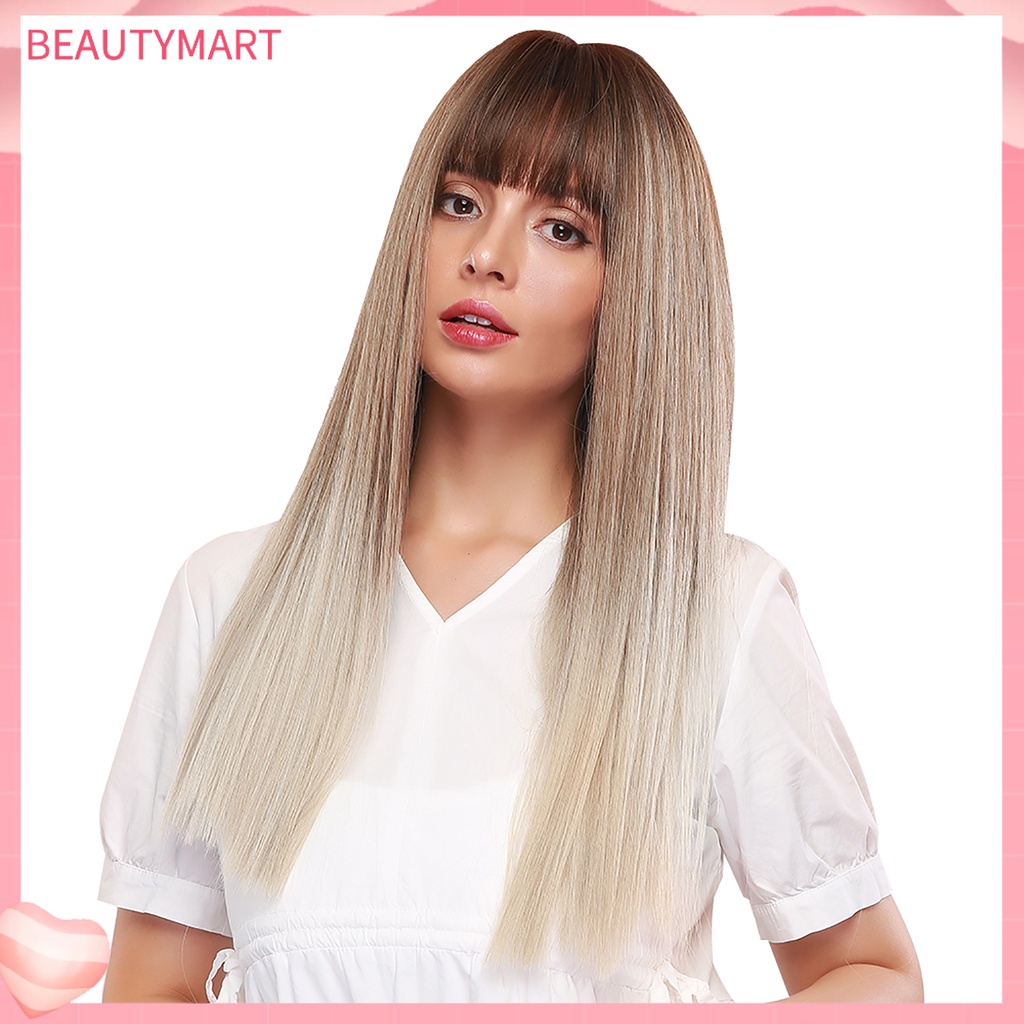 Bộ Tóc Giả Dài Thẳng Tự Nhiên 24 Inch Chịu Nhiệt Kèm Mái Bằng Sợi Tổng Hợp Dành Cho Nữ