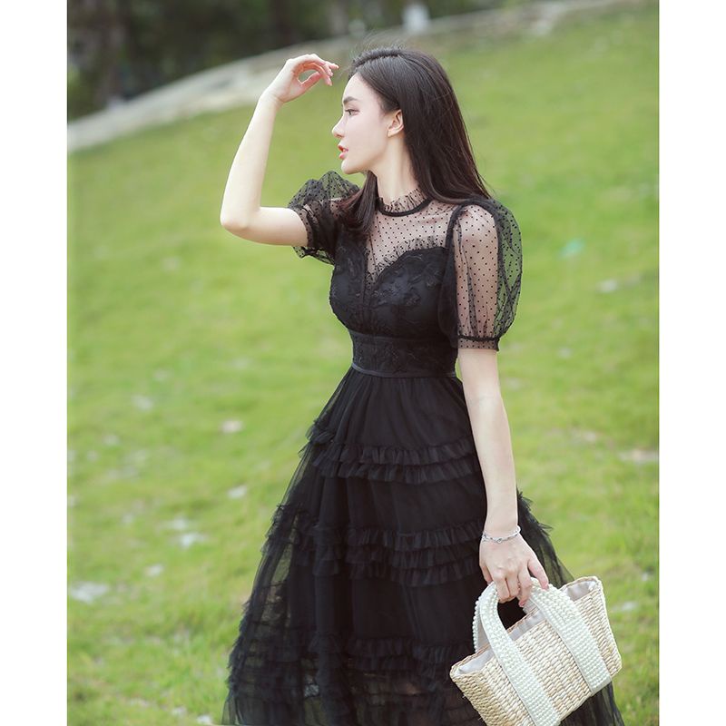 Đầm Tay Phồng Phối Lưới Thời Trang Mùa Hè 2023 Mới Cho Nữ