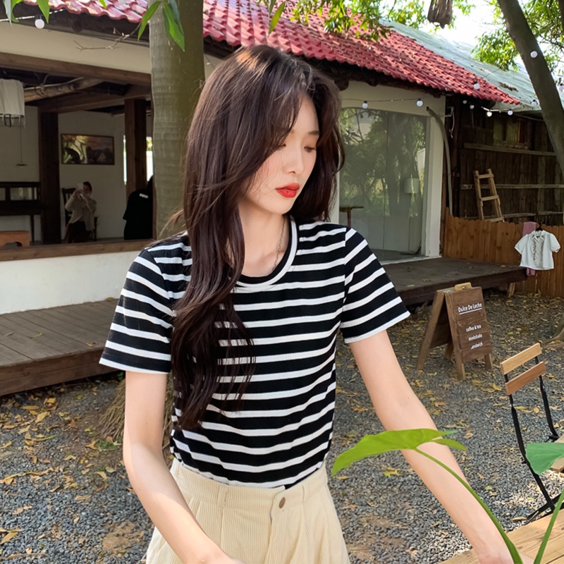 Nzn Áo Thun Tay Ngắn Cổ Tròn Dáng Ôm Họa Tiết Kẻ Sọc Màu Hồng Phong Cách Hàn Quốc Dành Cho Bạn Nữ