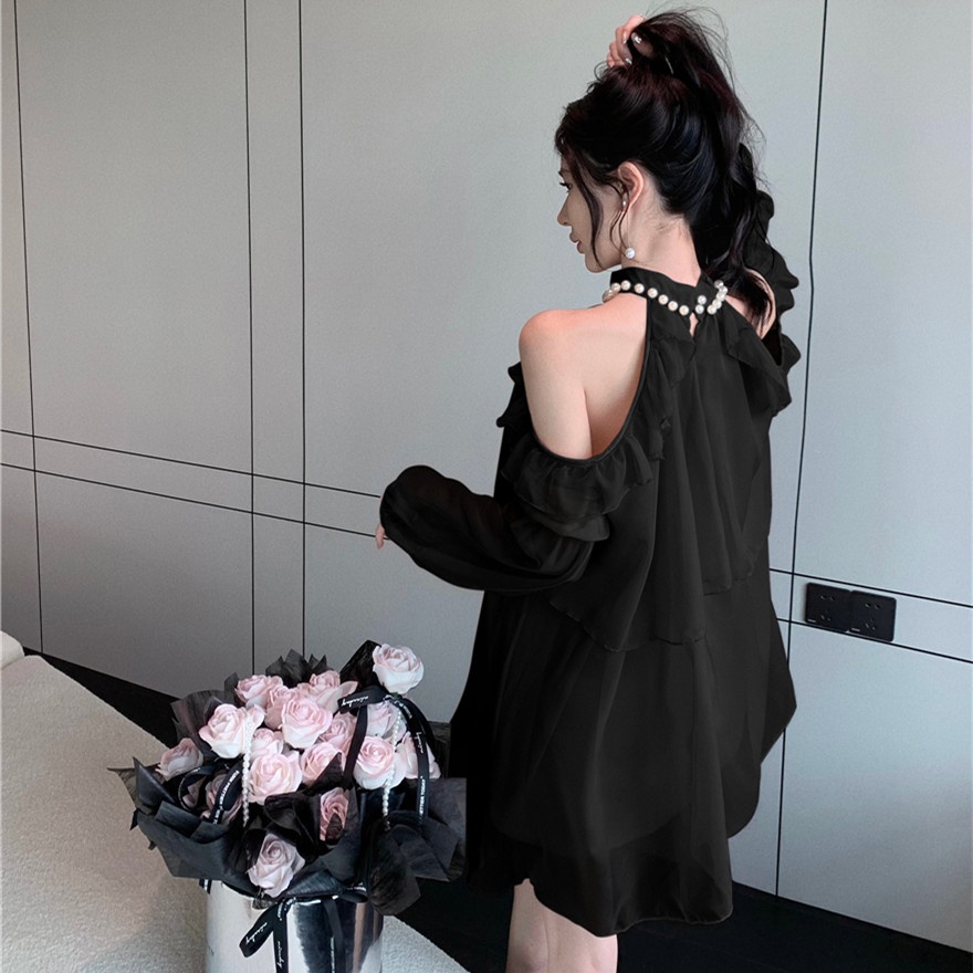 Áo Kiểu Chất Chiffon Tay Dài Thiết Kế Trễ Vai Hợp Thời Trang