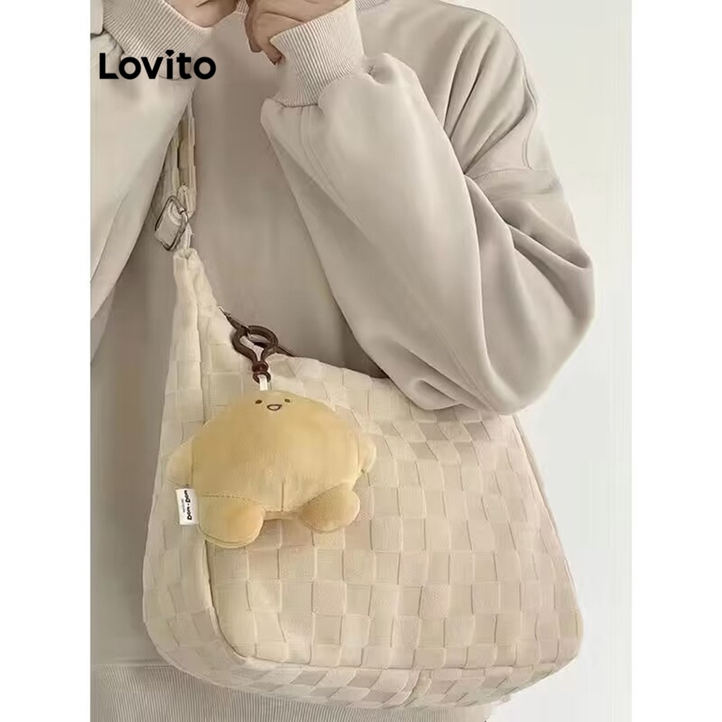 Lovito Túi tote đeo vai có khóa kéo kẻ caro thông thường cho nữ LNA09118 (Tắt Trắng/Xanh dương/Đen)