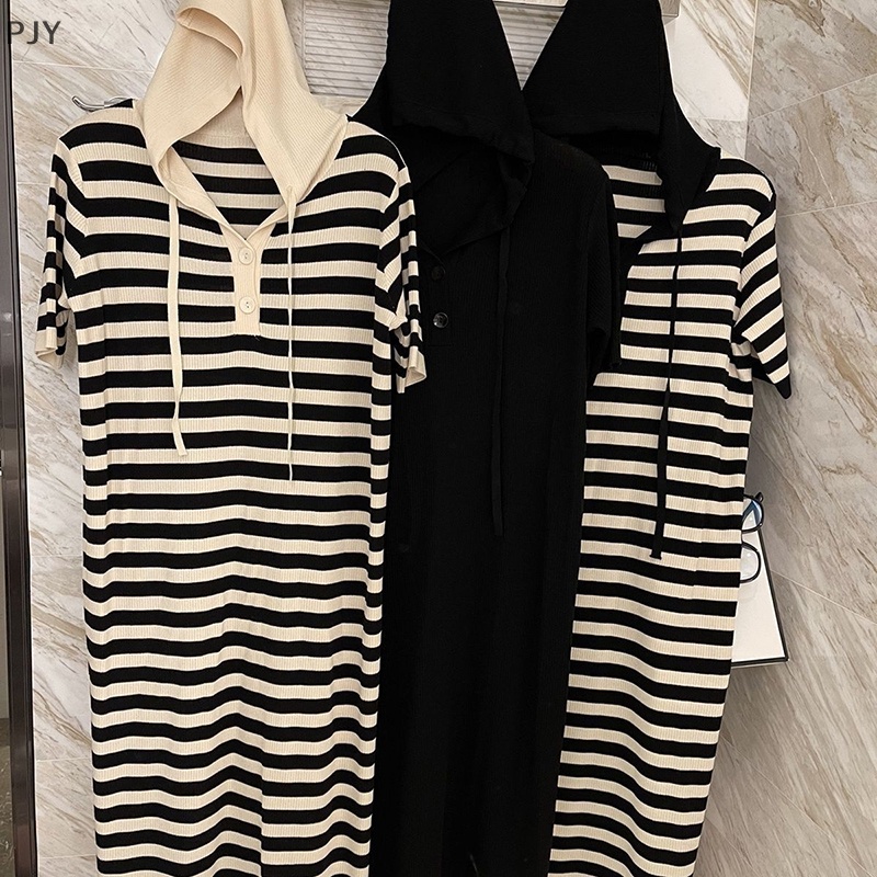 Đầm Dài Cổ Chữ V Kẻ Sọc Khối Màu PJY Thời Trang Mùa Hè Giản Dị Dành Cho Bạn Nữ