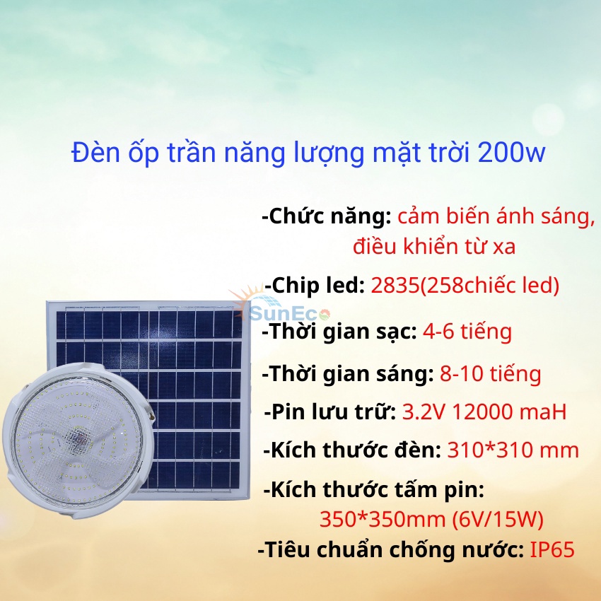 Đèn Ôp Trần Mái Hiên Năng Lượng Mặt Trời NHATPHONG OT01 200W - Hàng Chính Hãng - Chống Nước IP67