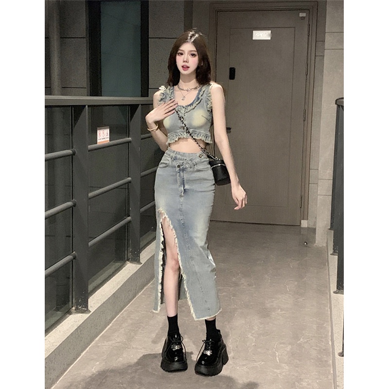 Set Áo Denim Sát Nách Phối Chân Váy Lưng Cao Xẻ Tà Thời Trang Mùa Hè Xinh Xắn Cho Nữ