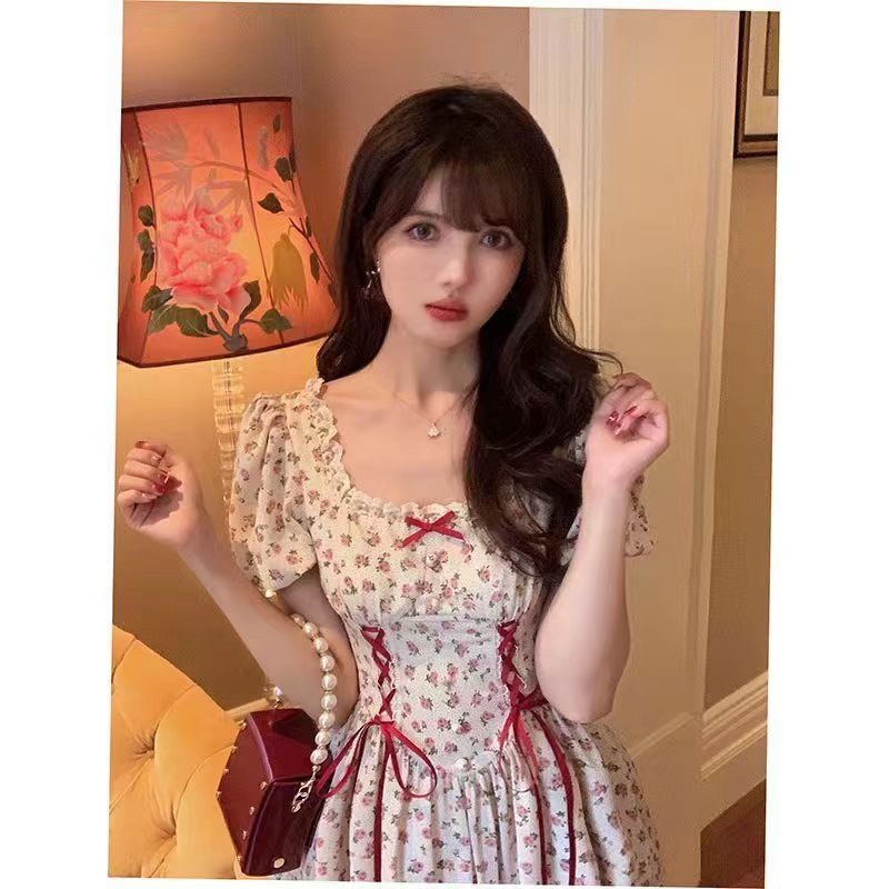 Đầm Hoa Tay Phồng Thắt Nơ Phối Bèo Đáng Yêu Thời Trang Pháp