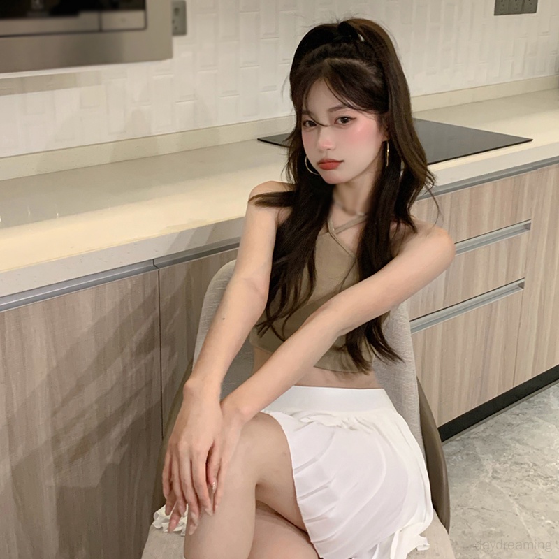 Áo Croptop Nữ Slim Fitting Suspender Cổ Treo Màu Rắn Camisole