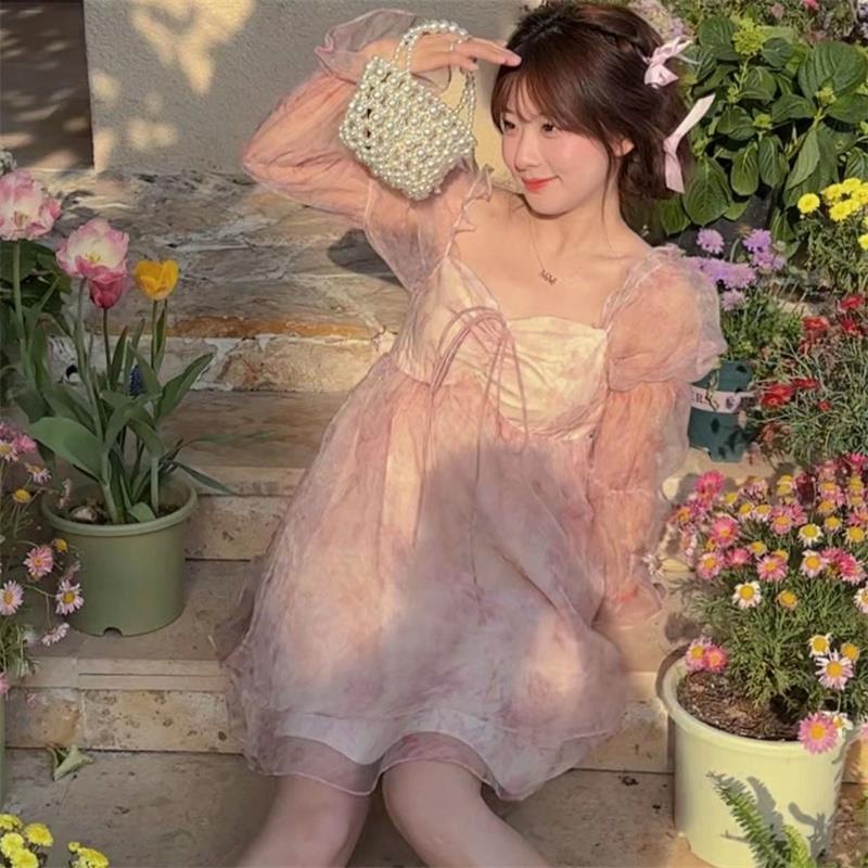 Đầm Lưới Cổ Vuông Tay Dài Phong Cách Pháp Ngọt Ngào Cho Nữ