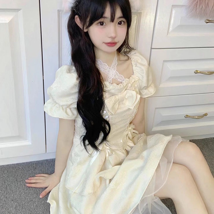 Đầm Công Chúa Mori Dáng Ngắn Tay Phồng Đính Nơ Kiểu Pháp Dễ Thương