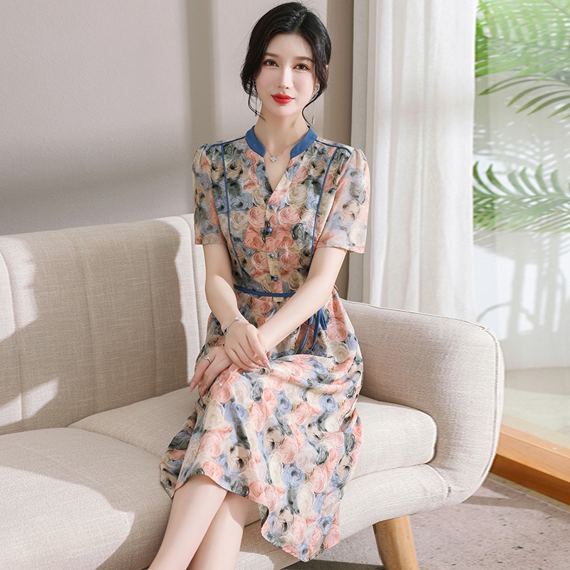 Đầm Tay Ngắn Họa Tiết Hoa Thời Trang Mùa Hè Mới 2023 Dành Cho Phụ Nữ Trung Niên