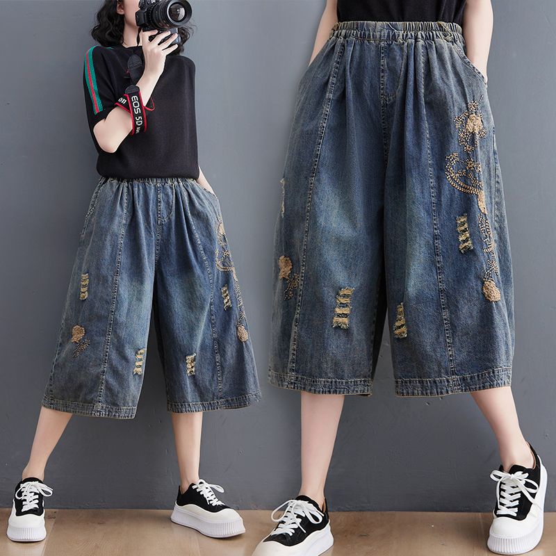 Quần Short Denim Mỏng Ống Rộng Lưng Thun Xẻ Tà Thêu Họa Tiết Thời Trang Mùa Hè 2023 Cho Nữ