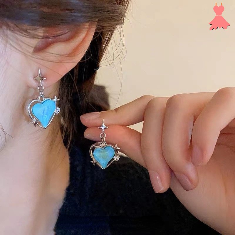 Bông Tai Dáng Dài Đính Đá Hình Trái Tim / Thánh Giá Màu Xanh Dạ Quang Đơn Giản