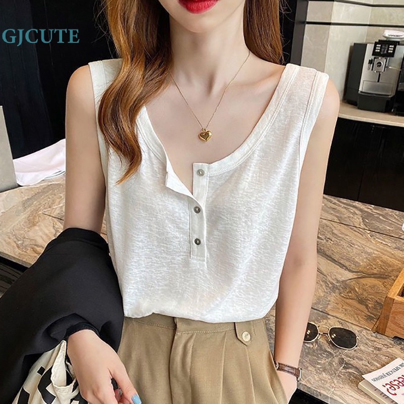 Áo Hai Dây Mùa Hè Dáng Suông Cài Nút Màu Trơn Cho Nữ