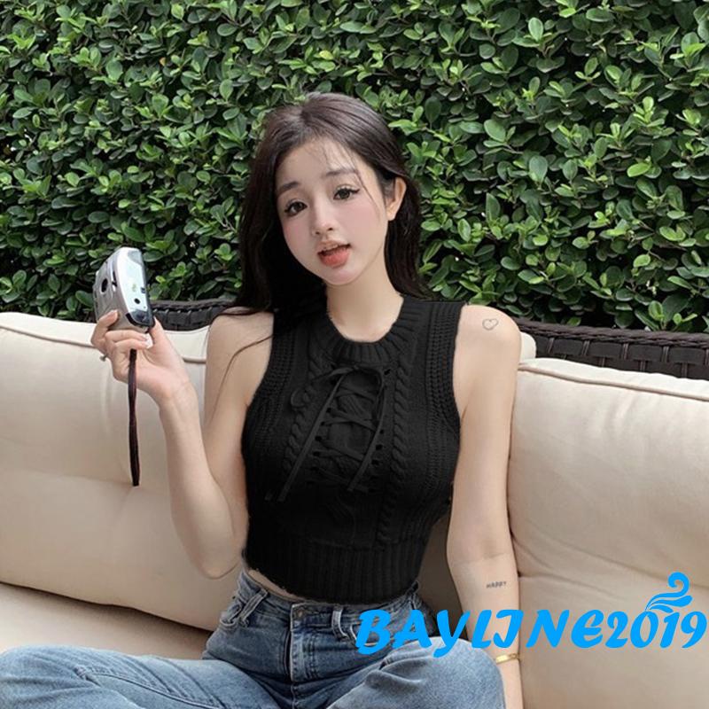 Áo Dệt Kim Sát Nách Cổ Tròn Màu Sắc Đơn Giản Cho Nữ