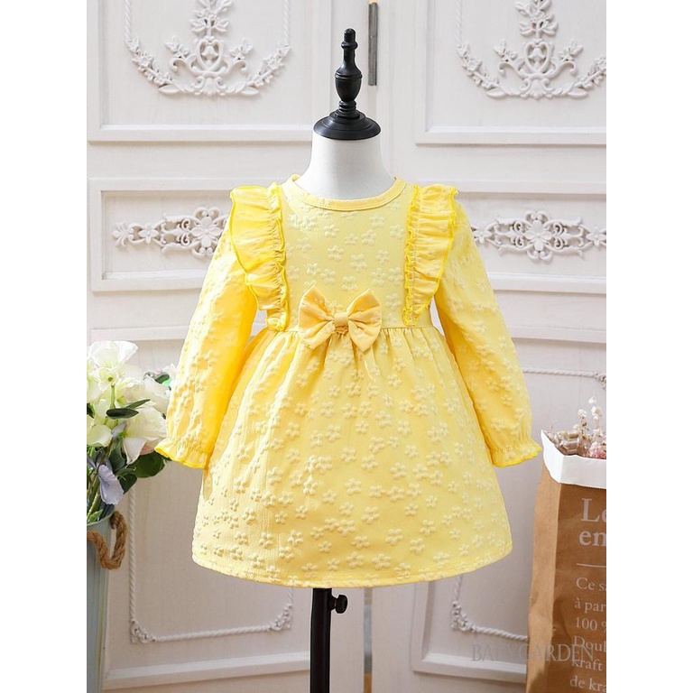 Đầm Chữ A Tay Dài Cổ Tròn Đính Nơ In Hoa Màu Vàng Dành Cho Bé Gái 0-24 Tháng Tuổi