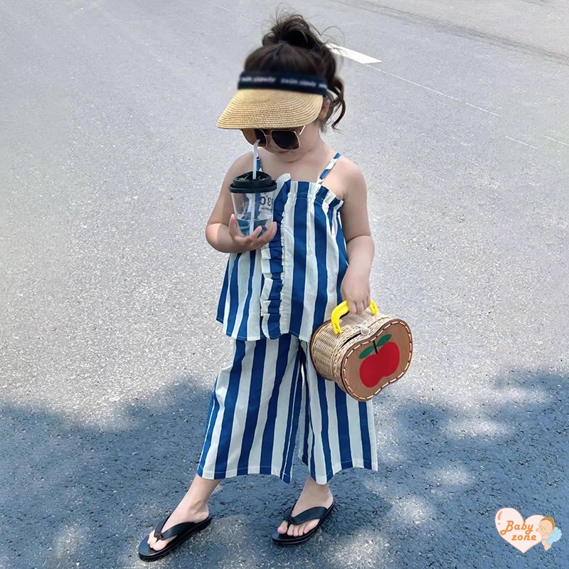 Set Áo Thun Ngắn Tay Sọc Ngang + Quần Yếm Ống Rộng Thời Trang Dành Cho Nữ