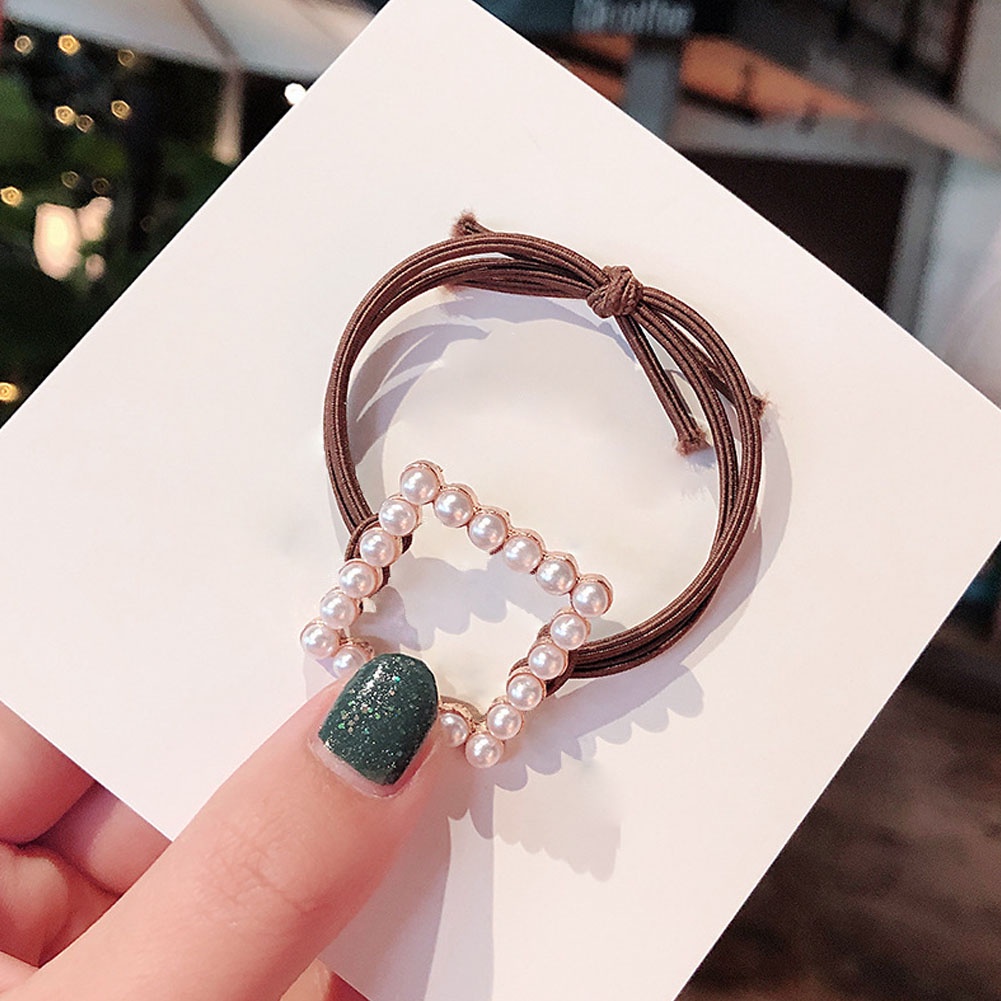 1 Dây Buộc Tóc Da Đính Ngọc Trai Hình Trái Tim Phong Cách Retro Pháp