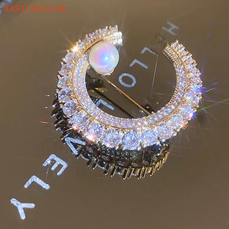 Ghim Cài Áo Hình Mặt Trăng VASTJI Đính Ngọc Trai Nhân Tạo Thời Trang Cho Nam Nữ