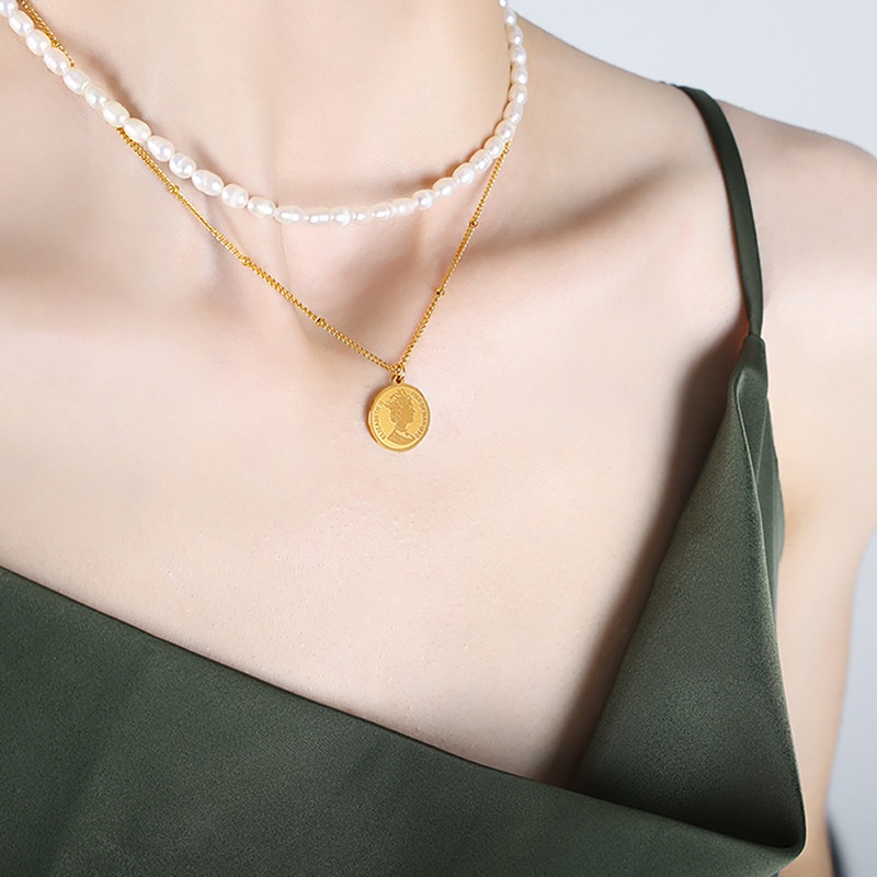 Vòng cổ Hai Lớp Bằng Thép Titan Mạ Vàng Đính Ngọc Trai Sang Trọng Cho Nữ