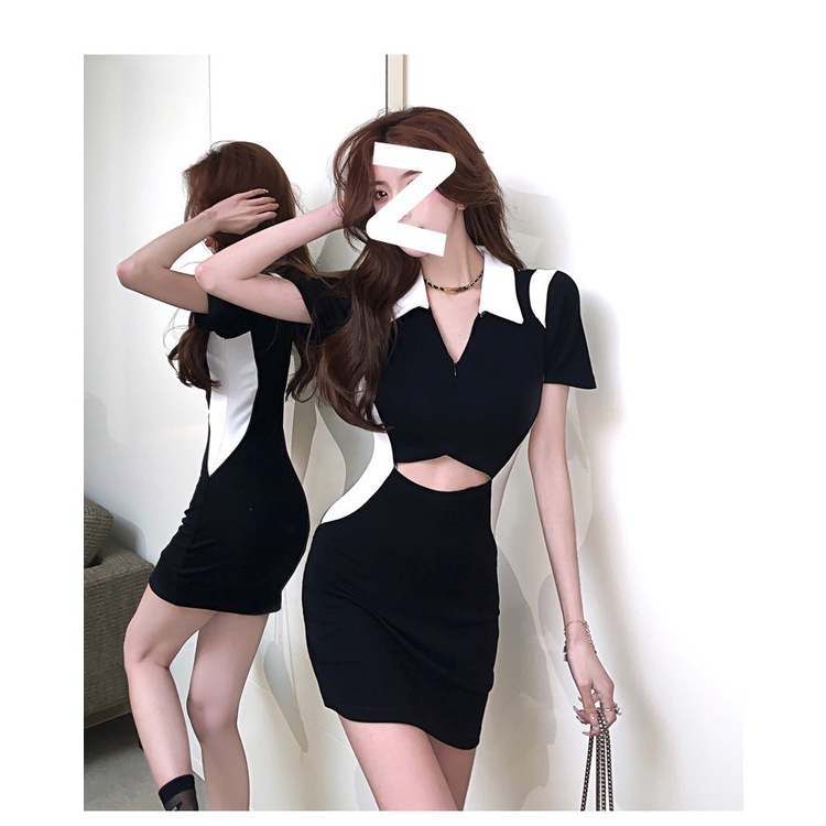 Đầm Ngắn Ôm Hông Khoét Lỗ Màu Trắng Đen Quyến Rũ Cho Nữ