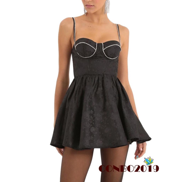 Đầm Mini Dáng Chữ A Hở Lưng Phối Dây Chéo Đính Đá Thời Trang Mùa Hè Cho Nữ