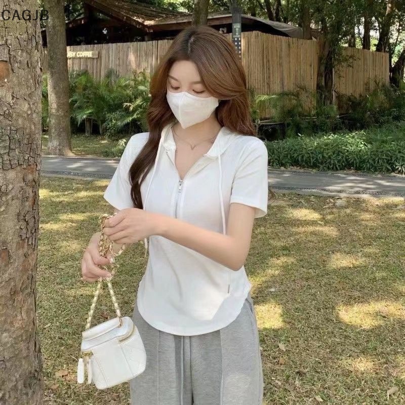 CAGJB Áo Thun Tay Ngắn Có Mũ Trùm Đầu Màu Sắc Đơn Giản Dành Cho Nữ
