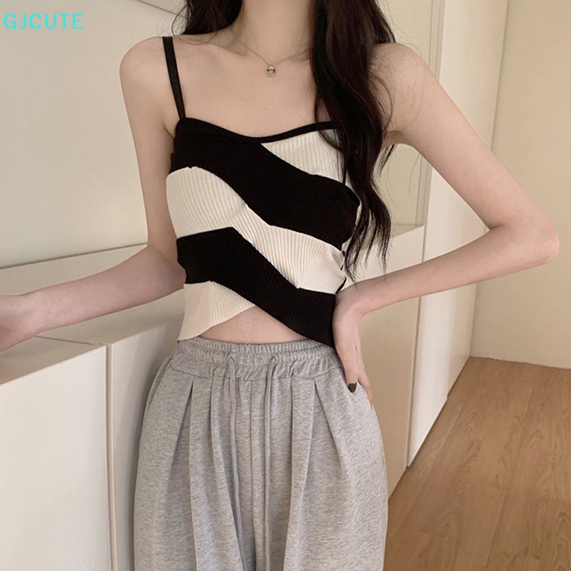 Áo Croptop Dệt Kim Không Tay Dáng Ôm Họa Tiết Kẻ Sọc Màu Sắc Thời Trang Mùa Hè Quyến Rũ Cho Nữ