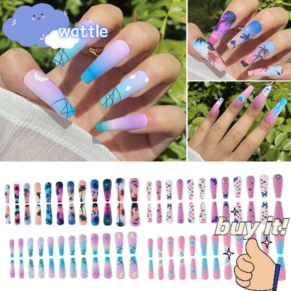 WATTLE Bộ 24 Móng Tay Giả Che Phủ Toàn Diện Họa Tiết Mặt Trăng Tình Yêu