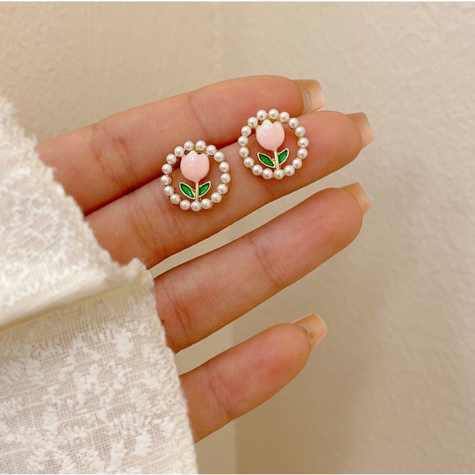 Khuyên Tai Hình Hoa Tulip Đính Ngọc Trai Nhân Tạo Màu Sắc Ngọt Ngào Phong Cách Hàn Quốc Dành Cho Nữ