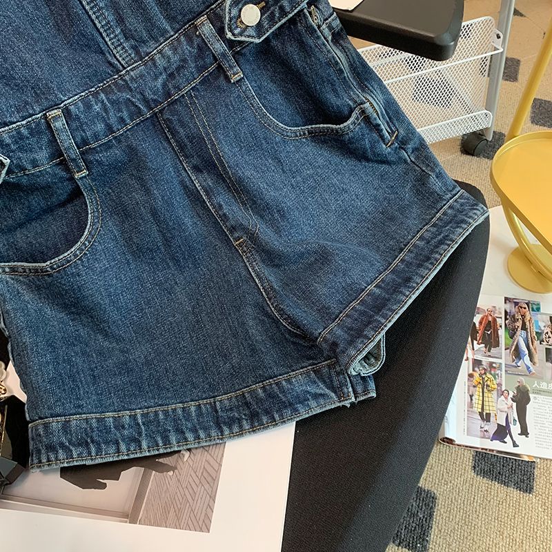 Quần Yếm Denim Ngắn Ống Rộng Lệch Vai Phong Cách Hàn Quốc Thời Trang Mùa Hè Mới 2023 Dành Cho Bạn Nữ