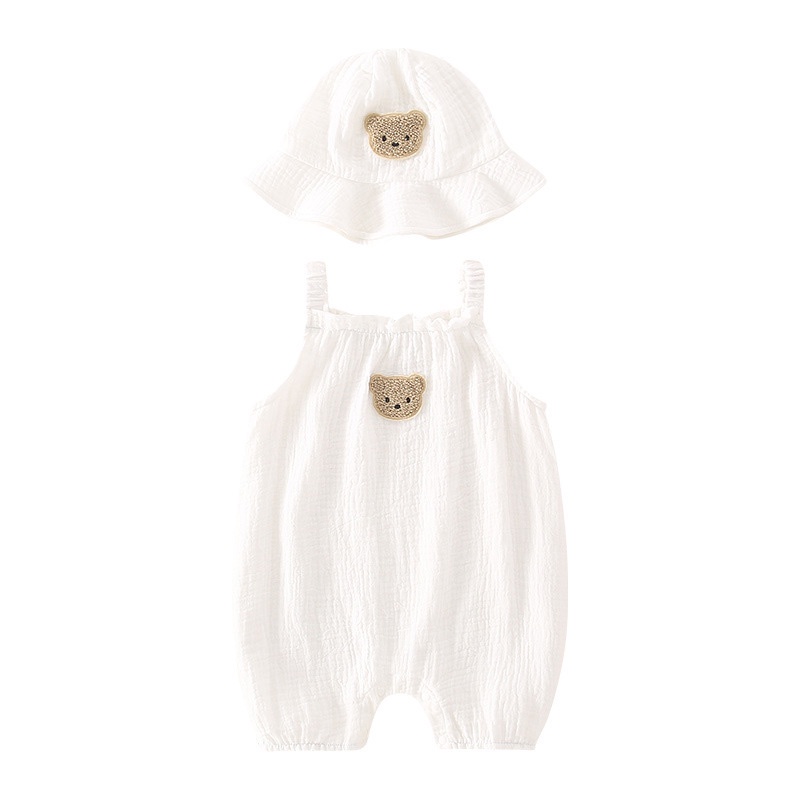 Bộ Áo Liền Quần Sát Nách Vải Cotton Mềm Mại In Hoạt Hình Gấu Kèm Nón Thời Trang Mùa Hè Cho Bé Sơ Sinh Từ 0-18 Tháng Tuổi