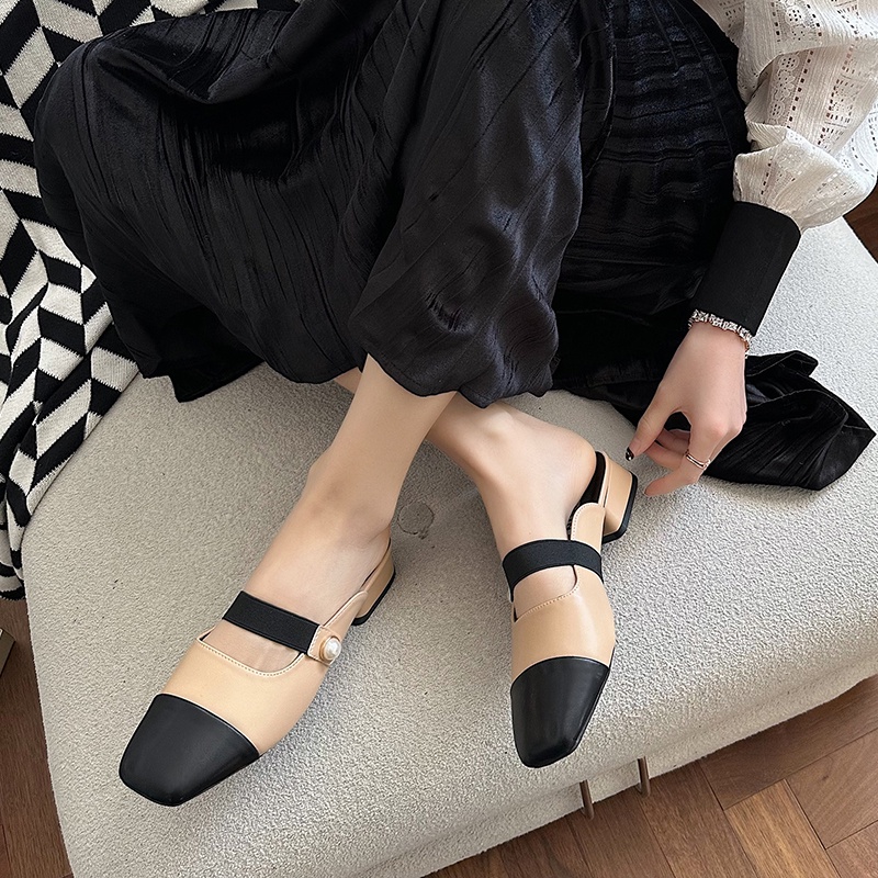 Giày Da Gót Thấp Mũi Vuông Thời Trang Cho Nữ