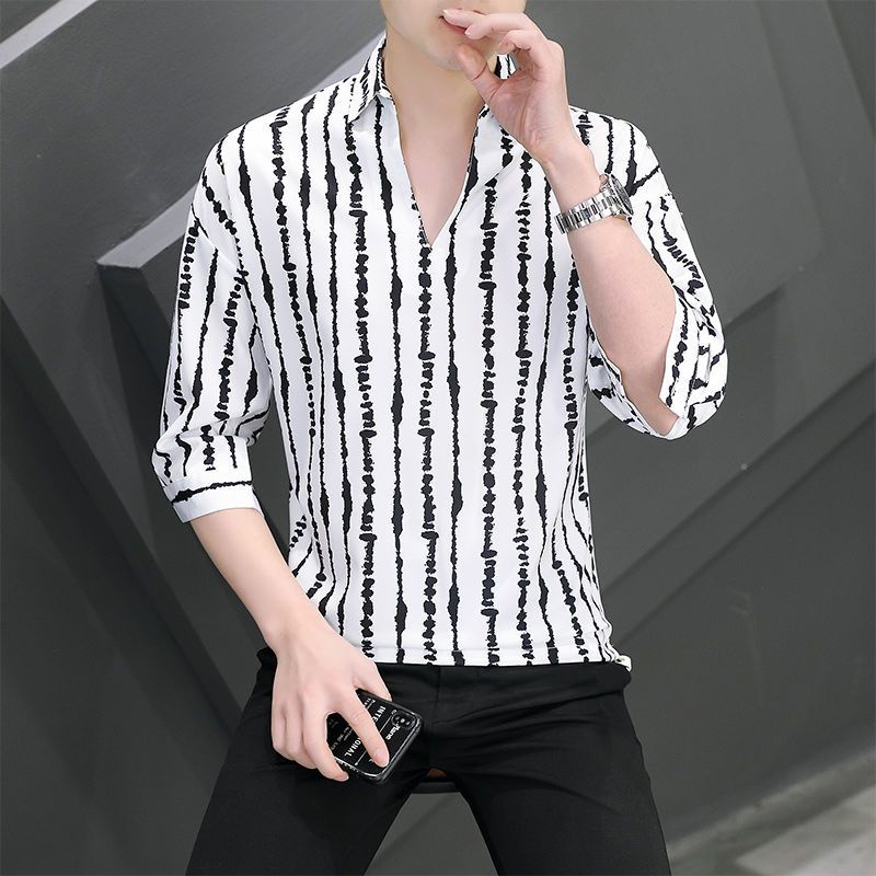 Áo Sơ Mi Cổ Vuông Dáng Rộng In Kẻ Sọc Màu Sắc Tương Phản Kiểu Hàn Quốc Cá Tính Cho Nam