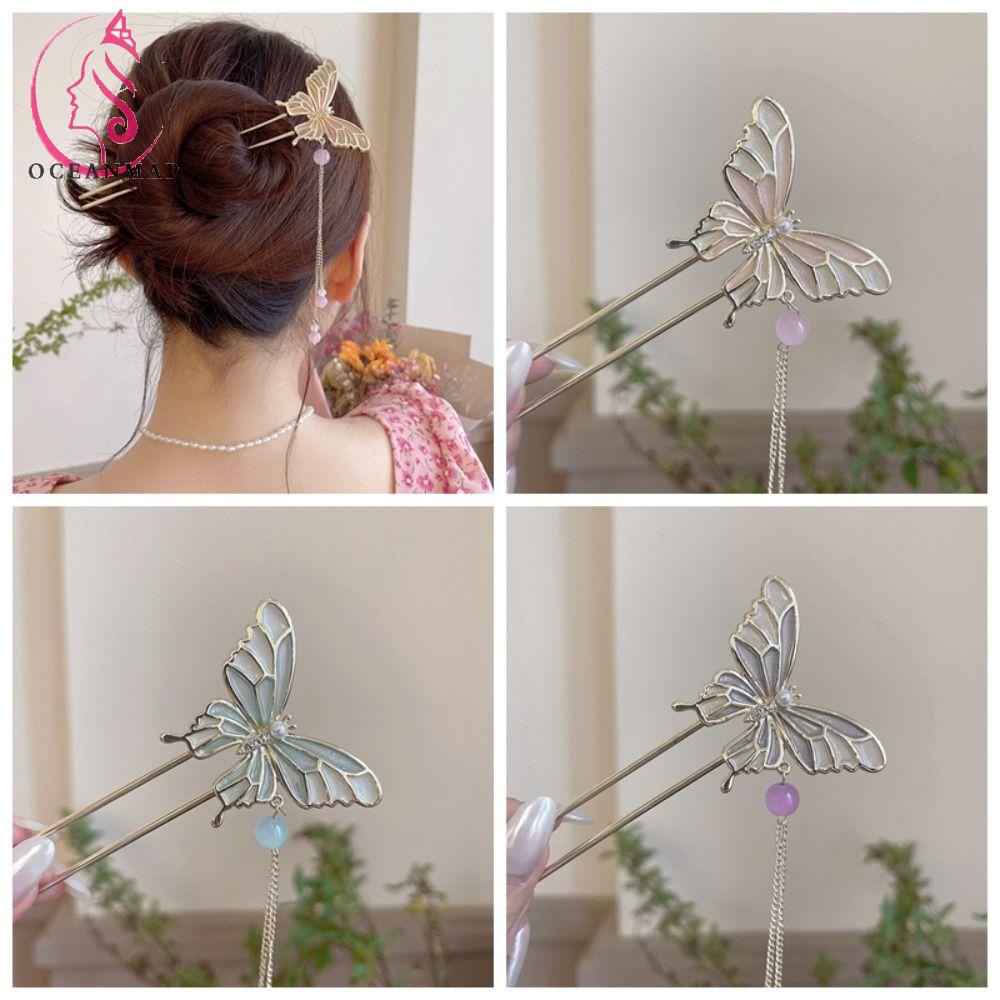 OCEANMAP Trâm Cài Tóc Hình Bướm Bằng Kim Loại Đính Hạt Và Tua Rua Phong Cách Trung Hoa Cổ Điển Cho Nữ