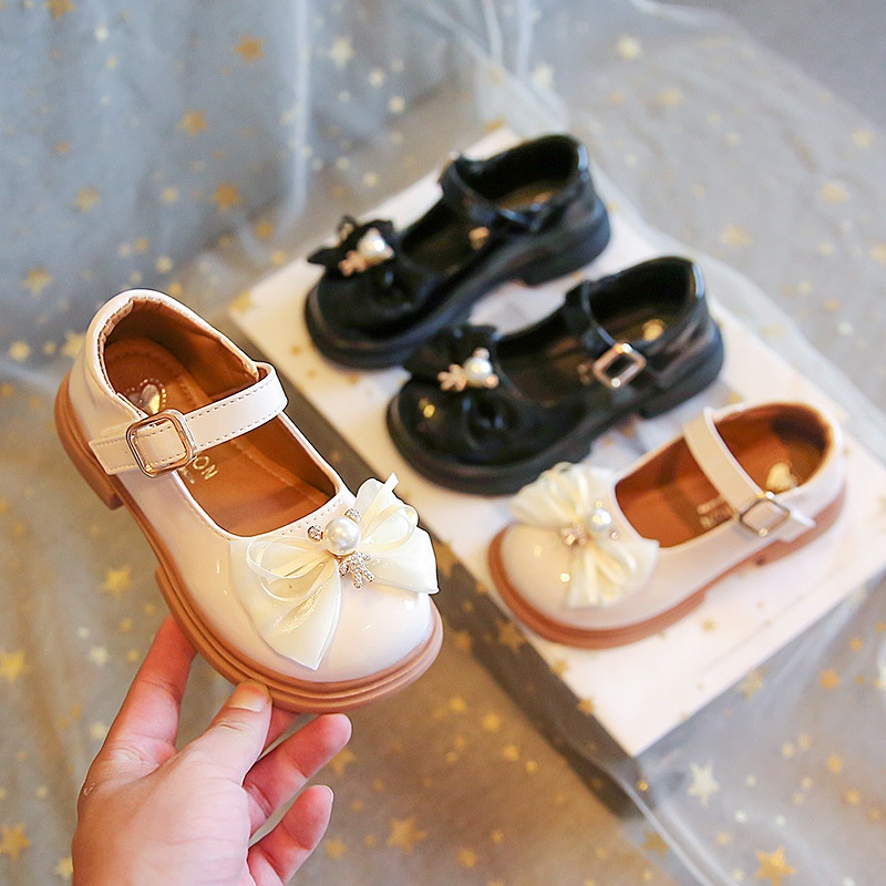 Giày sandal Công Chúa phong cách anh quốc trắng nhỏ giày da mùa hè mới nơ thời trang gấu bé gái mềm mại-đế bé gái giày