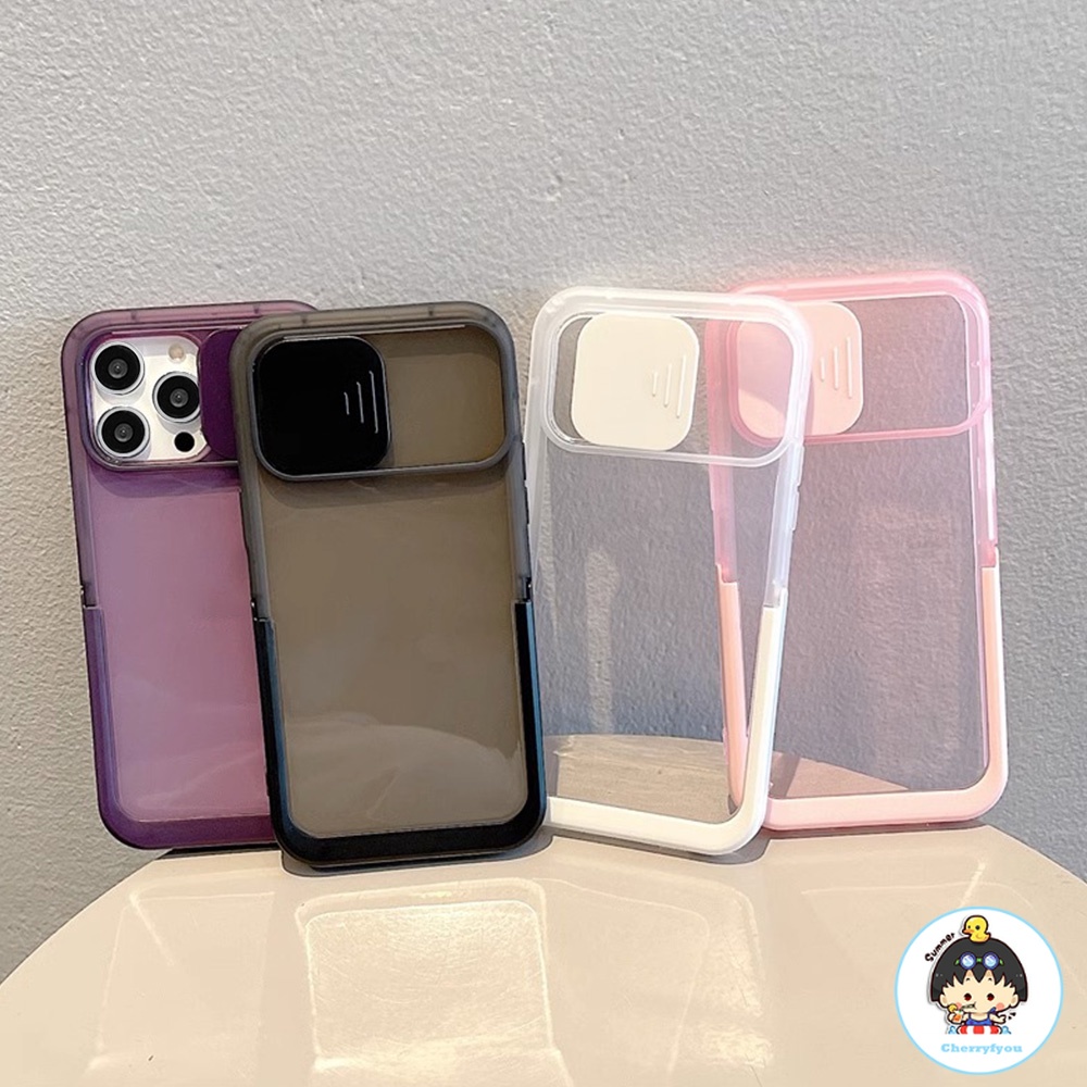 Ốp Điện Thoại TPU Mềm Màu Trơn Có Giá Đỡ Dạng Đẩy Chống Sốc Bảo Vệ Ống Kính Máy Ảnh Cho IPhone 11 12 13 14 Pro Max