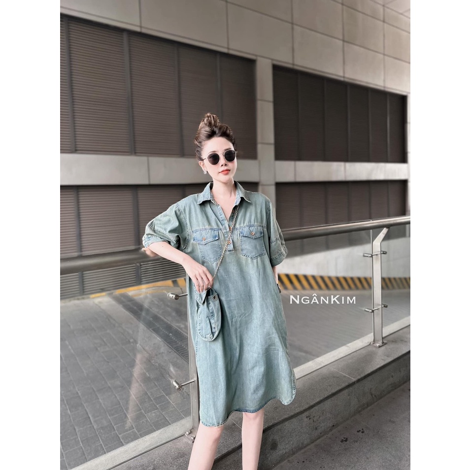Váy bầu VB466 Váy bò cố trụ có túi đeo Đầm bầu đẹp mặc hè công sở suông xinh dự tiệc TIRA