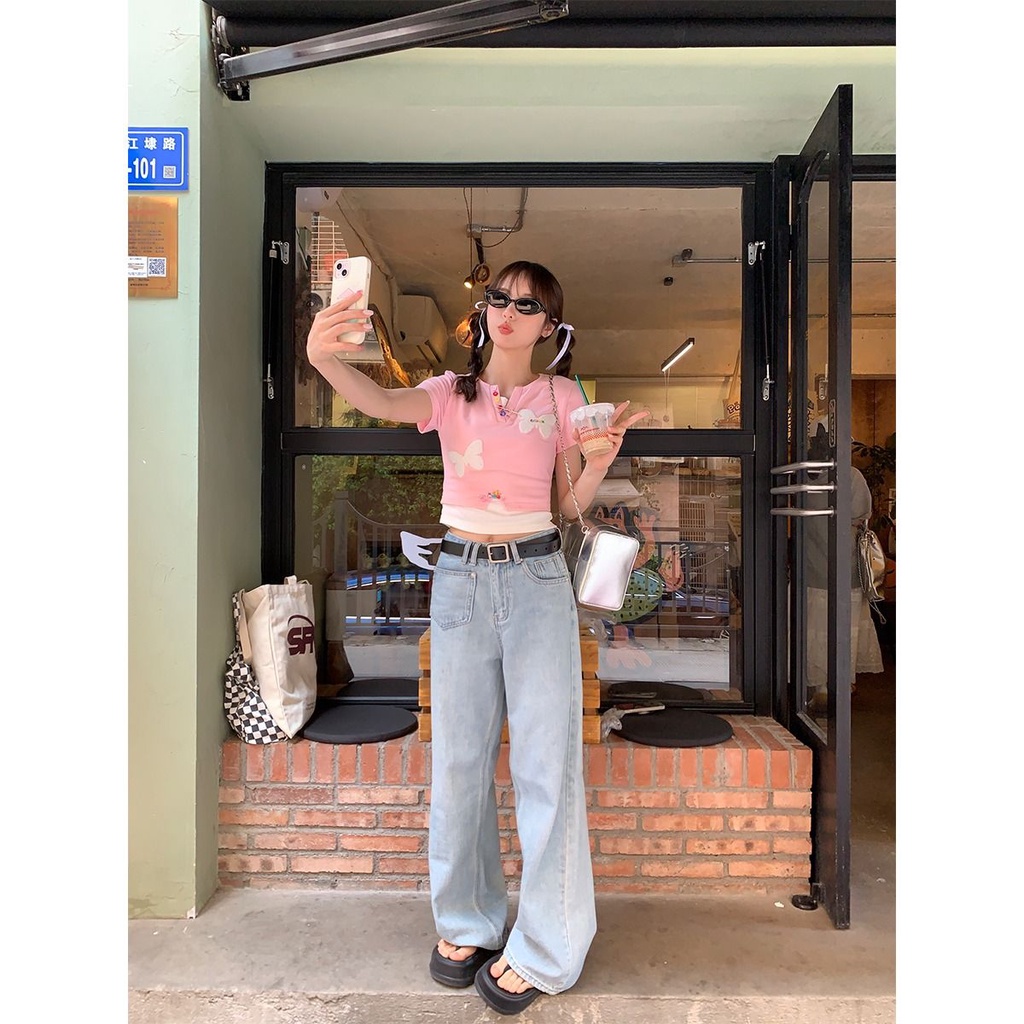 Áo Thun Tay Ngắn Giả Hai Lớp Dáng Ôm Họa Tiết Bướm Dễ Thương Thời Trang Mùa Hè