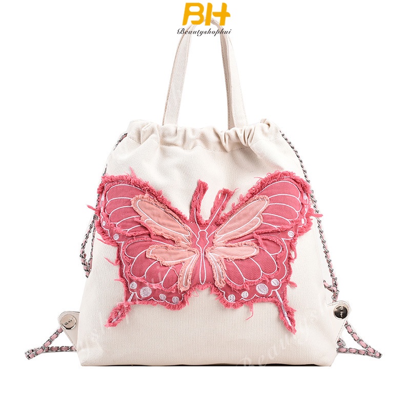 Ba Lô Denim Họa Tiết Bướm Phối Dây Xích Thời Trang 2023 Chất Lượng Cao