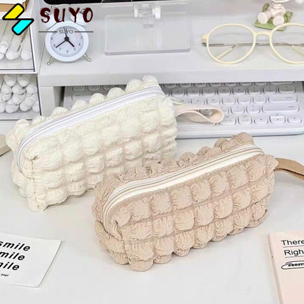 SUYO Túi Đựng Bút Bằng Polyester Sức Chứa Lớn Họa Tiết Bông Phồng Kawaii Dễ Thương