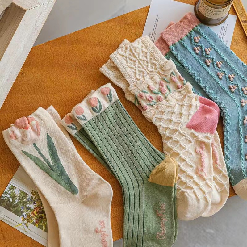 Vớ Dài Trung Bình Họa Tiết Hoa Tulip Phong Cách Mori Mới Cho Nữ
