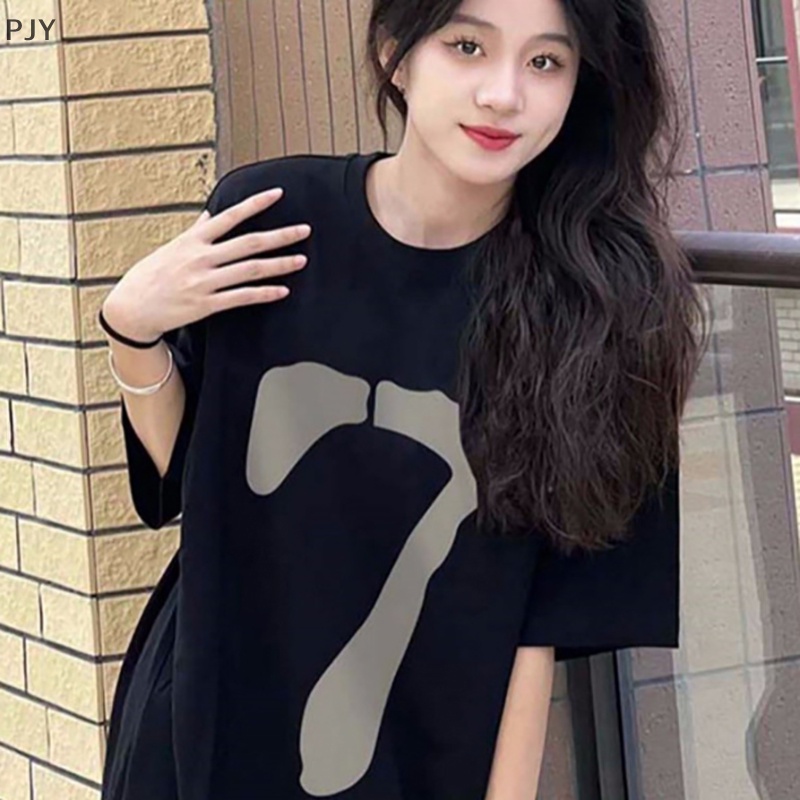 Áo Thun Ngắn Tay Cổ Tròn Dáng Rộng In Số Phong Cách Retro Mỹ Cho Nữ PJ