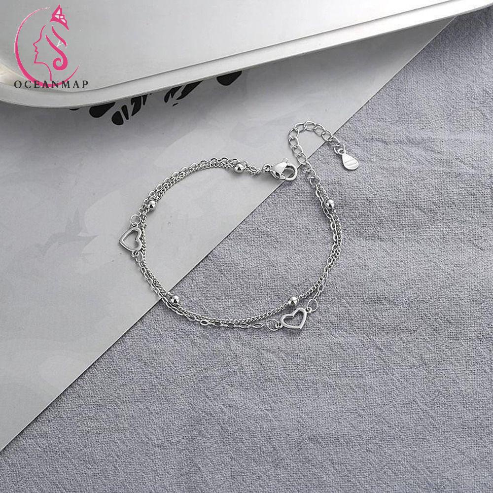 OCEANMAP Vòng Tay Hai Lớp Bằng Hợp Kim Đính Đá Hình Trái Tim Xinh Xắn Cho Nữ