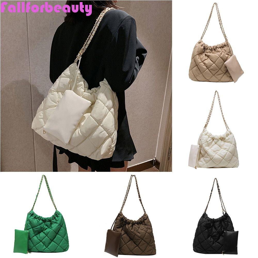 FALLFORBEAUTY Túi Xách Đeo Dưới Cánh Tay Bằng Cotton Họa Tiết Kẻ Lưới Hình Thoi Màu Trơn Đơn Giản Kèm Ví Tiền Xu Cho Nữ